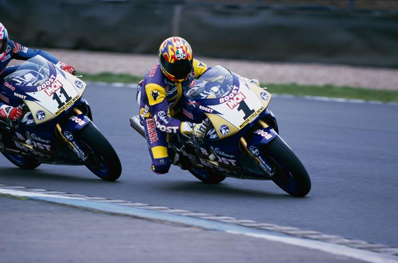 Niall Mackenzie racing his Cadbury's Boost Yamaha BSB bike