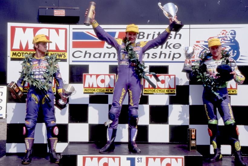 Niall Mackenzie on the podium taking his first British Superbike crown