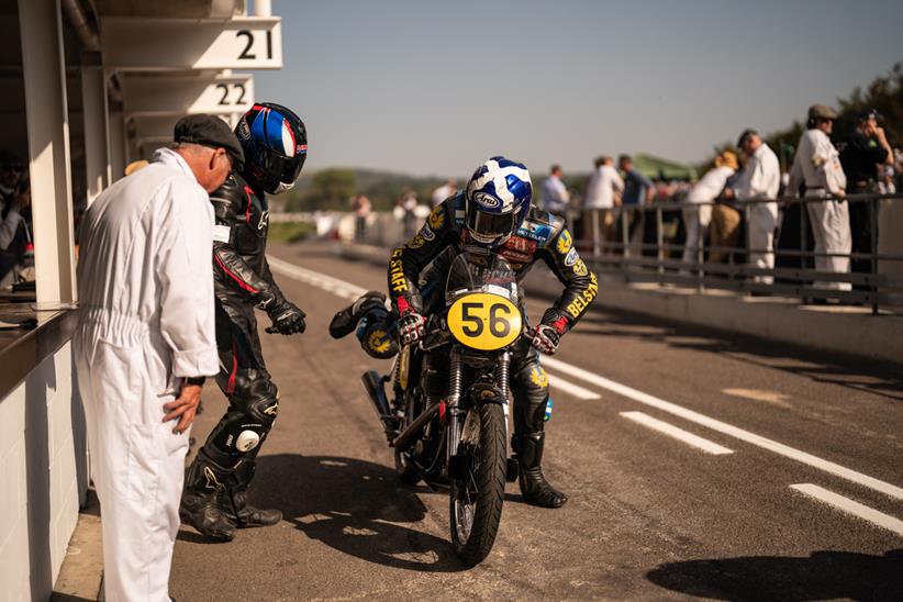 Rider in the pits at the Barry Sheene Memorial Trophy at the 2023 Goodwood Revival