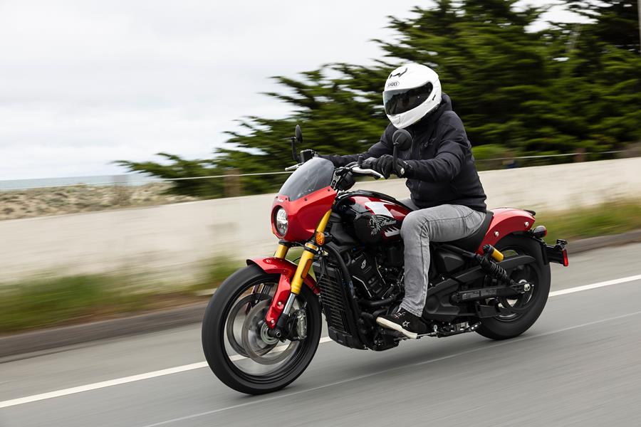 Indian 101 Scout ride by side profile coastal road