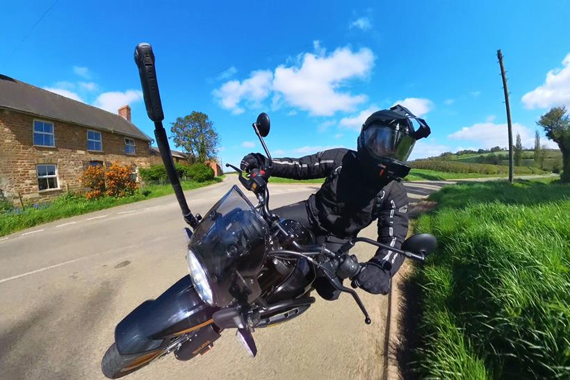 Insta360 X4 action camera attached to the front of a Royal Enfield Motorcycle