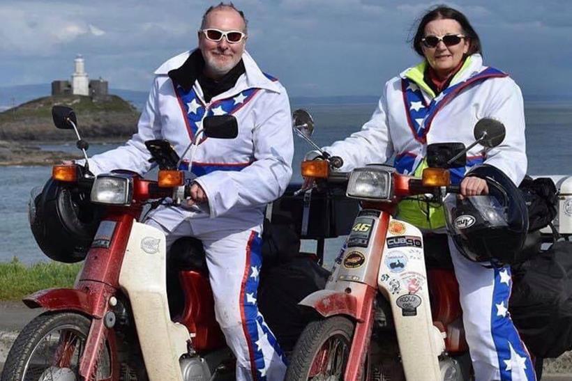 Two riders at the Cymru Knievels charity run aboard Honda C90s