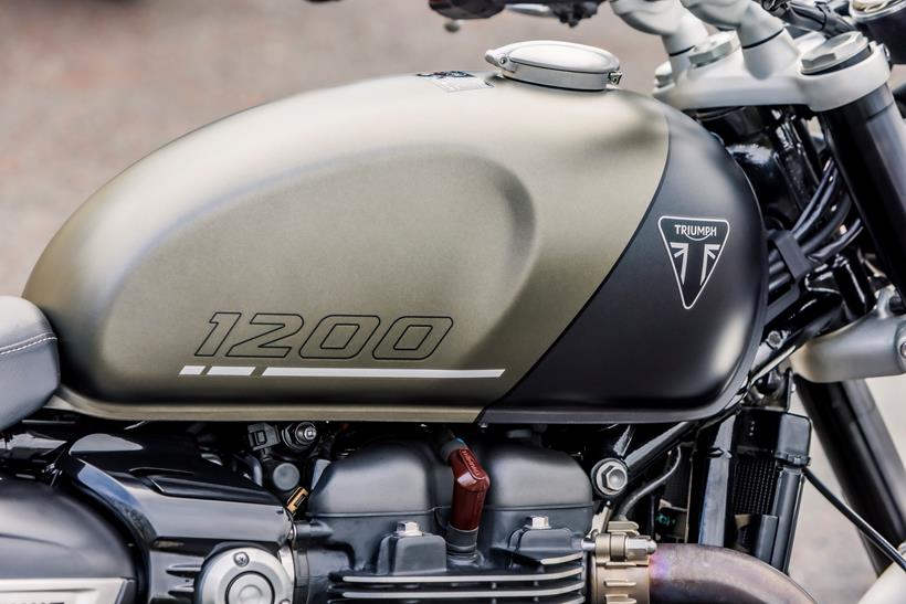 Triumph Speed Twin 1200 close up of engine and fuel tank on the right hand side 