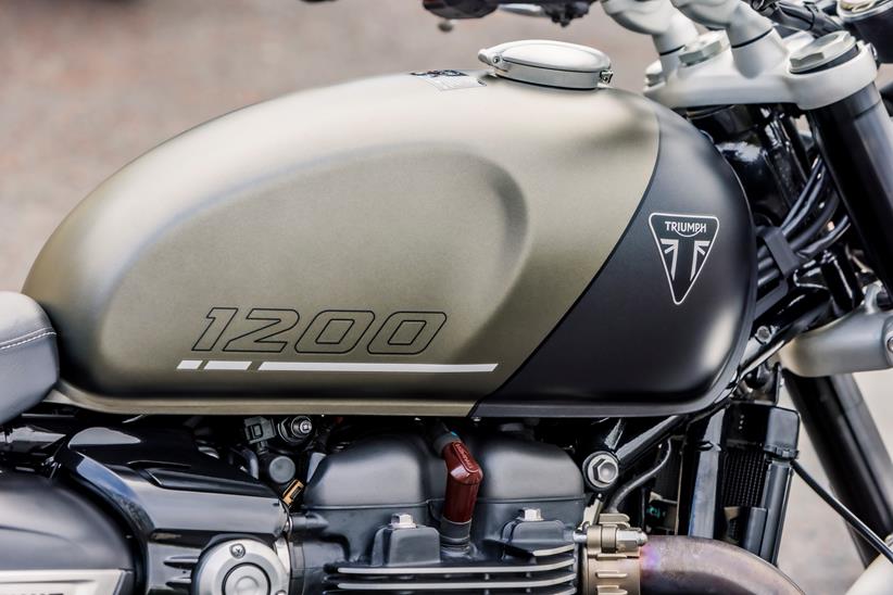 Triumph Speed Twin 1200 close up of engine and fuel tank on the right hand side