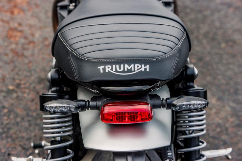 Triumph Speed Twin 1200 close up picture of the rear of the bike showing the rear light cluster, suspension and tyre