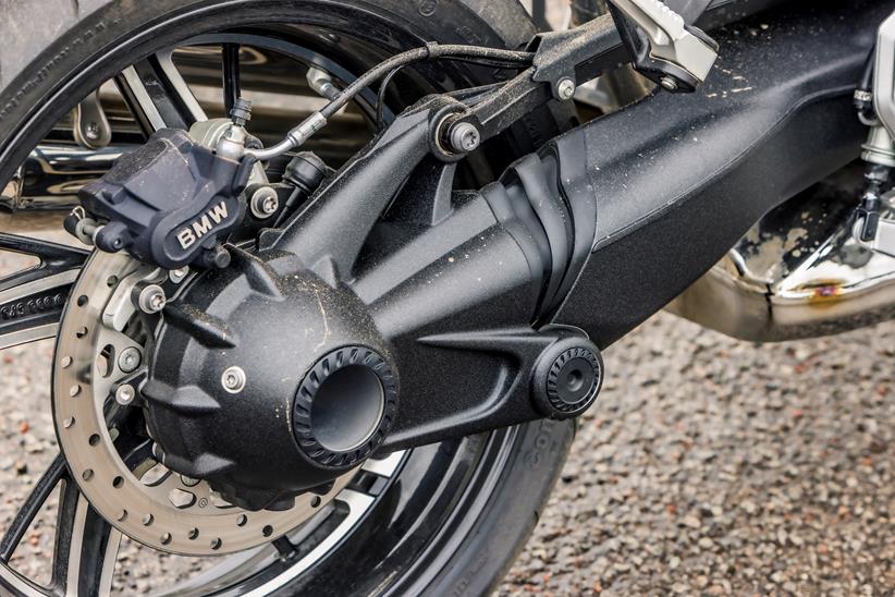 BMW R12 nineT close up of rear wheel shaft drive and differential including rear brake assembly