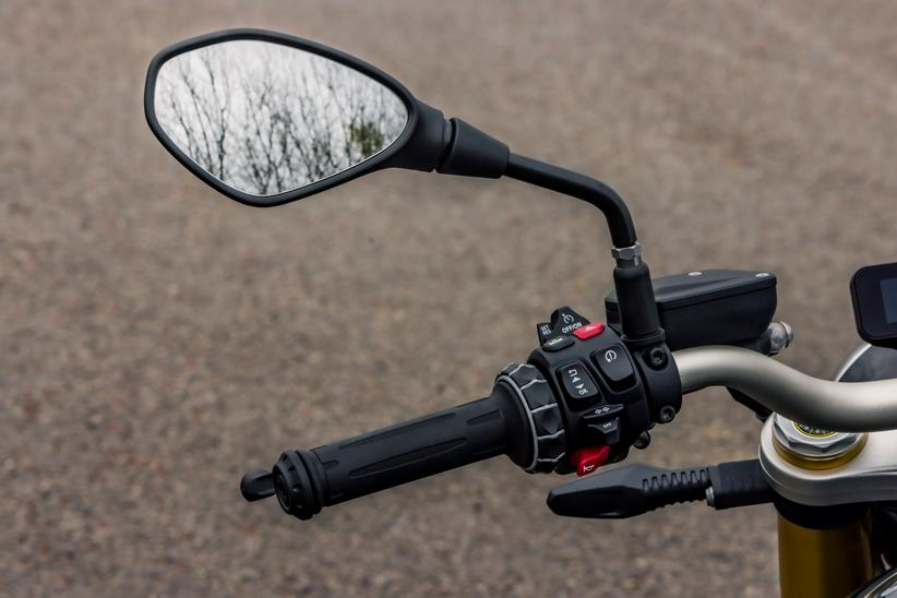 BMW R12 nineT close up of left handlebar grip, switchgear and wing mirror