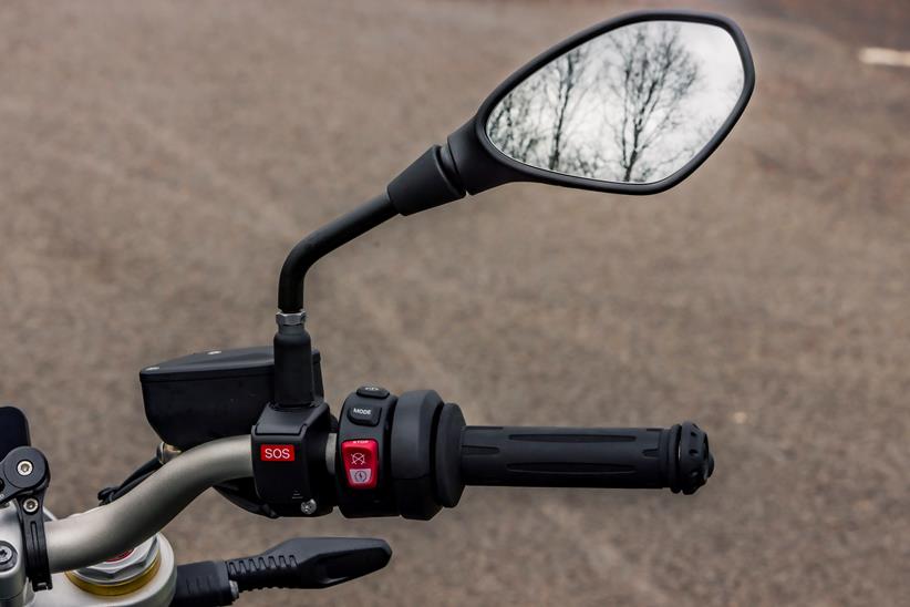 BMW R12 nineT close up of right handlebar grip, switchgear and wing mirror