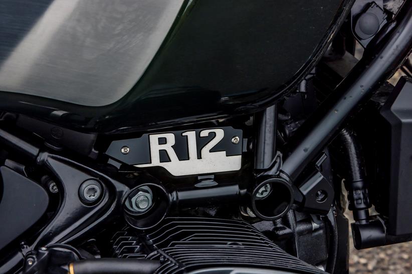 BMW R12 nineT close up of right handside R12 engine badge placement.