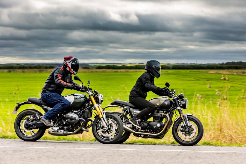 BMW R12 nineT and Triumph Twin riding past on a country lane