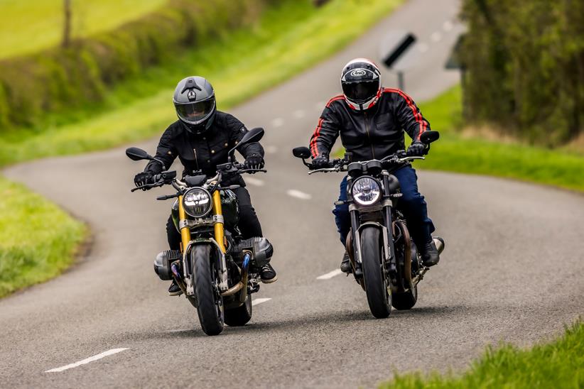 BMW R12 nineT and Triumph Twin riding towards the camera side by side