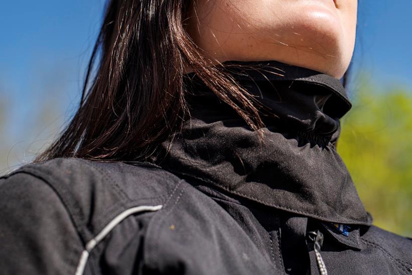 The Rukka Ladies ComfoRina textile jacket, close up with the storm collar