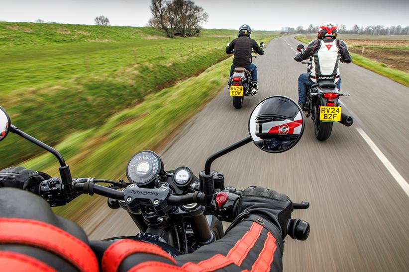 Group shot of mild cruisers test, riding shot onboard the last bike looking at the others