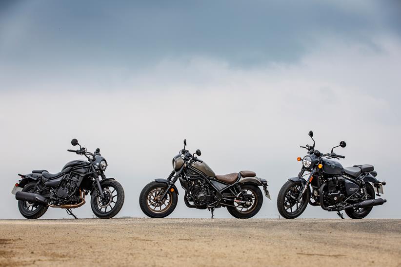 Group shot of mild cruisers, with bikes in a line side profile presenting the camera