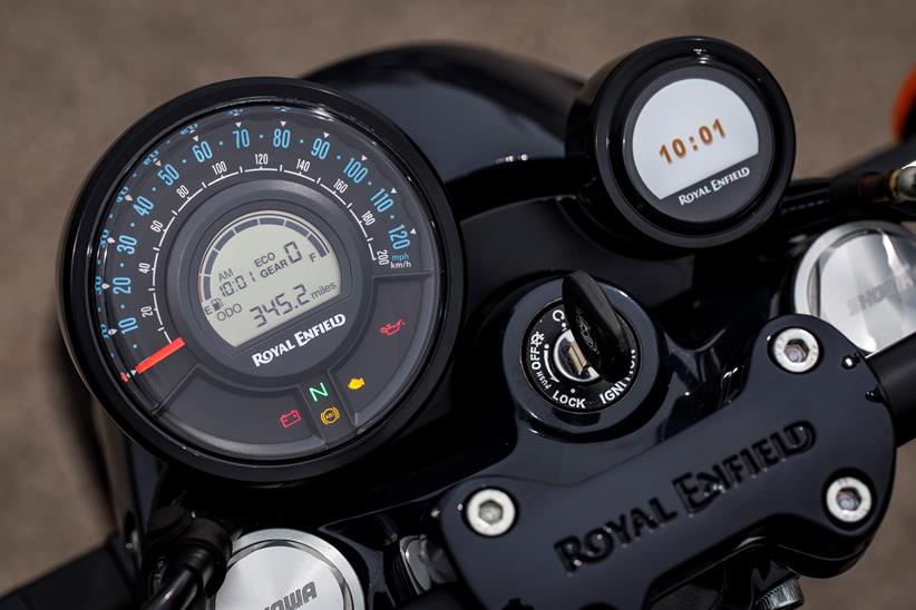 Royal Enfield Shotgun 650 dash and clocks including Royal Enfield's Tripper