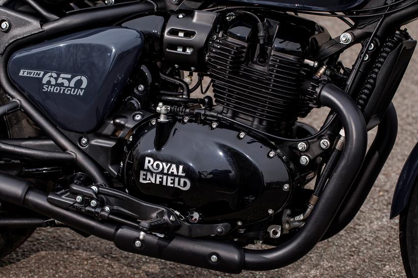 Royal Enfield Shotgun 650 side shot of engine and exhaust down pipe