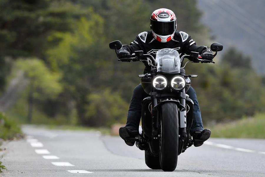 2024 Triumph Rocket 3 Storm riding towards the camera