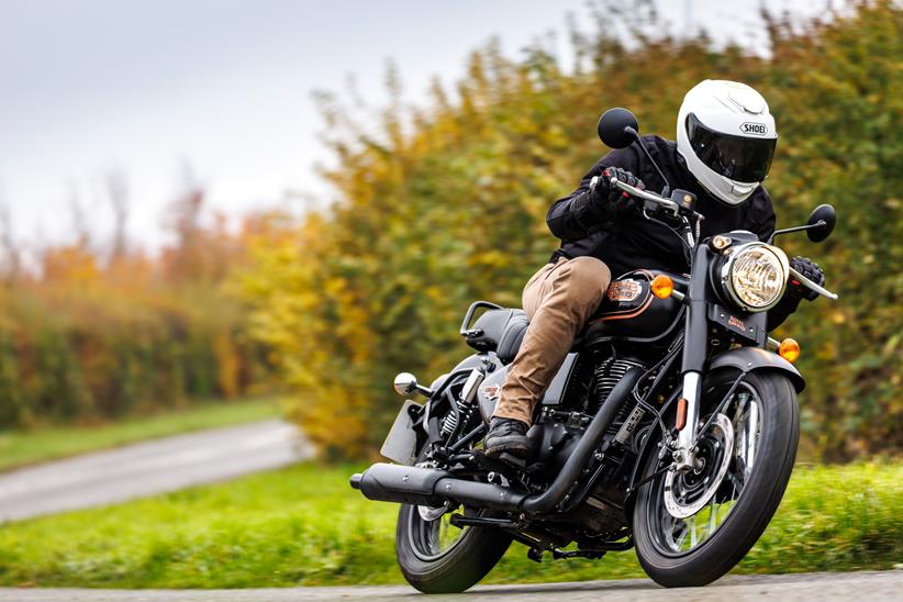 Cornering aboard a Royal Enfield