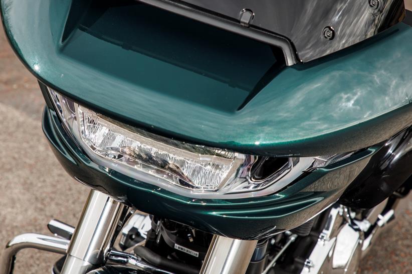 2024 Indian Challenger Dark Horse vs Harley-Davidson Road Glide - close up shot of Harley headlight and front fairing