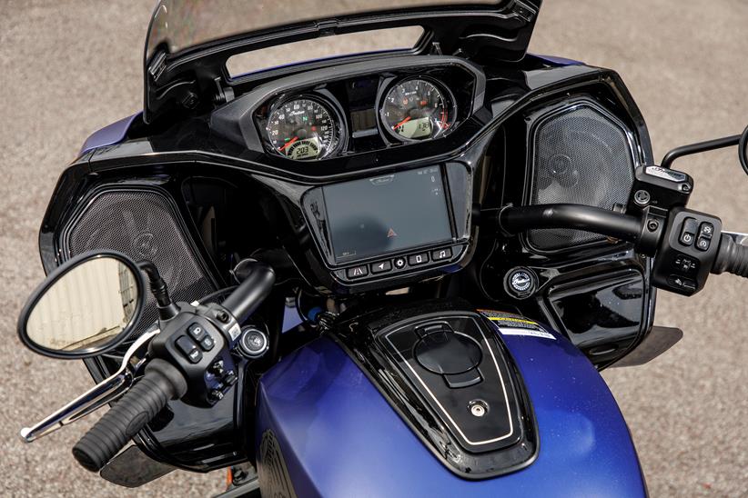 Indian Challenger Dark Horse vs Harley-Davidson Road Glide - close up of Indian's dash and adjustable screen