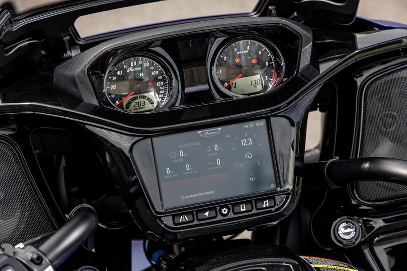 2024 Indian Challenger Dark Horse vs Harley-Davidson Road Glide - close up shot of Indian's clocks and dash.