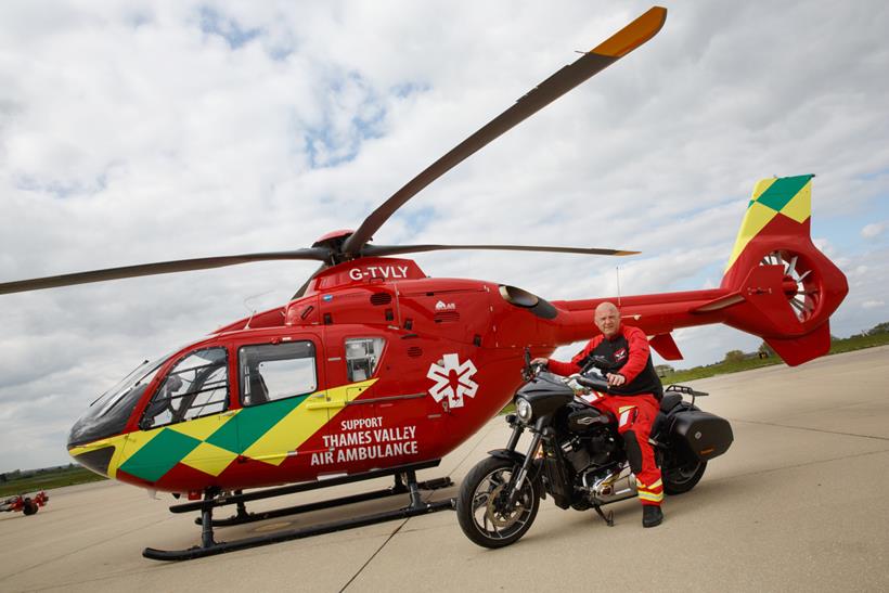 Thames Valley Air Ambulance with Harley-Davidson riding pilot