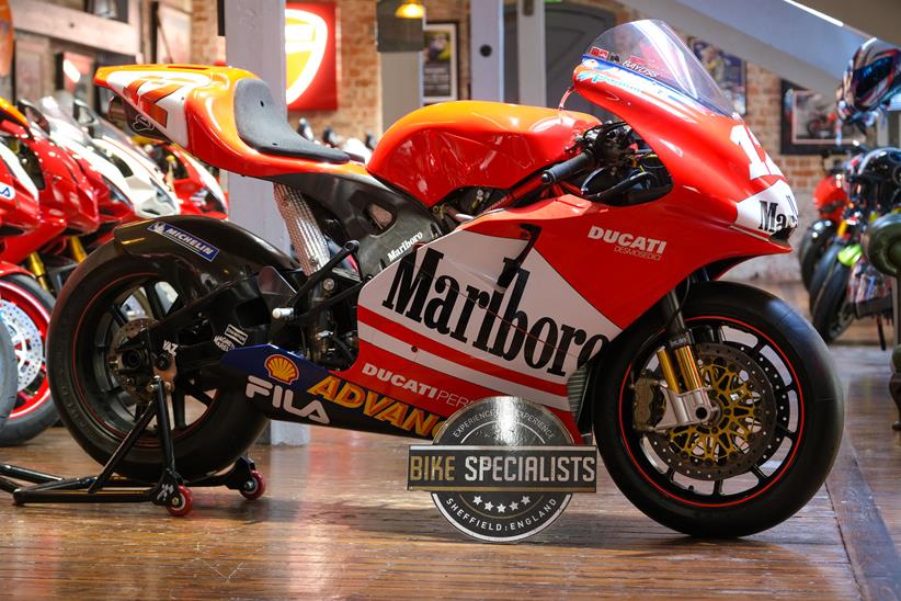 Ex Troy Bayliss Ducati MotoGP bike in a showroom. Credit: Dean Atkins Photography