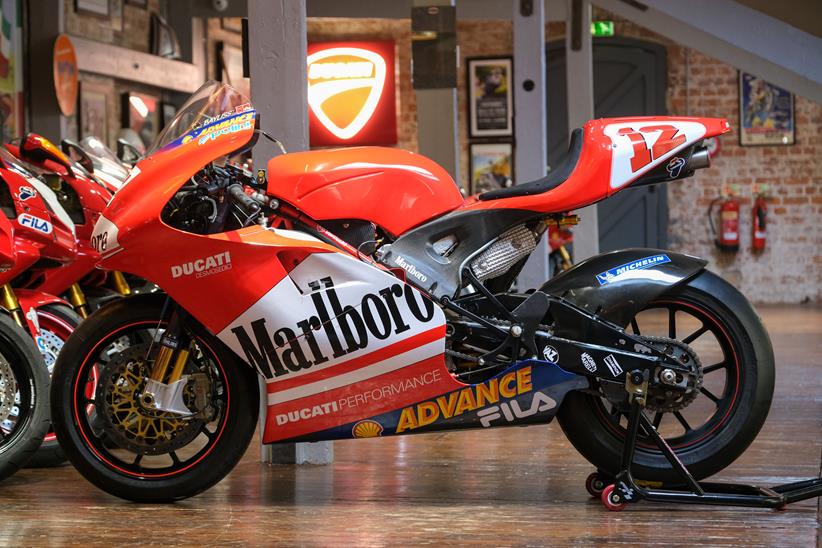 Side view of the Troy Bayliss Ducati MotoGP bike. Credit: Dean Atkins Photography