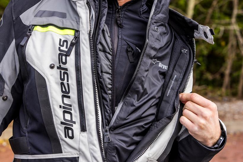 The Alpinestars Bogota jacket, close up of the inner pockets and waterproof lining