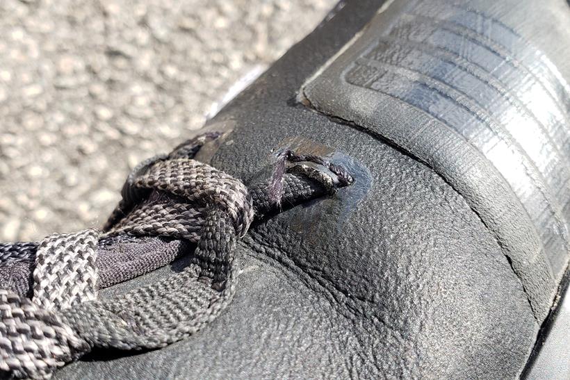 The TCX ClimaTrek Surround boots, close up of the laces and gear change pad