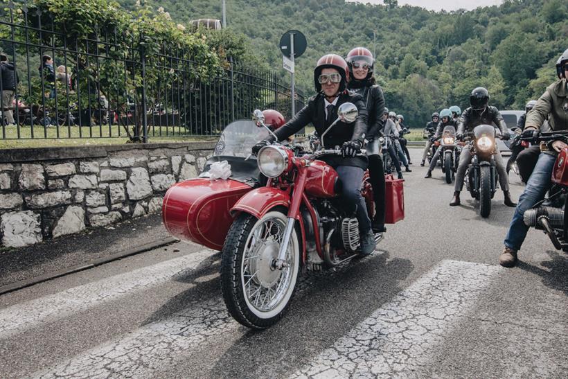 Three up on a classic sidecar at the DGR - Credit Distinguished Gentleman's Ride