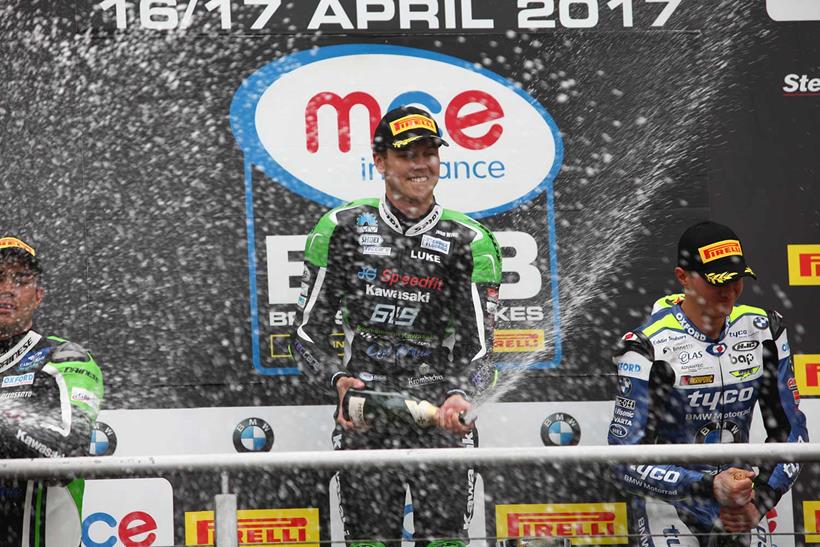 Luke Mossey celebrates victory at Brands Hatch in 2017.