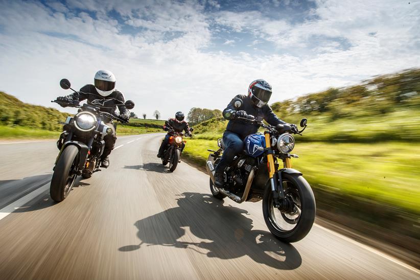 2024 Triumph Speed 400, Royal Enfield HNTR 350, Husqvarna Vitpilen 401 Group Test - riding all together on a sunny country road