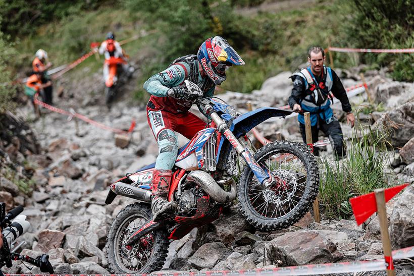 Hard enduro racer navigates sharp rocky climb - Credit: Future 7 Media / Red Bull Content Pool