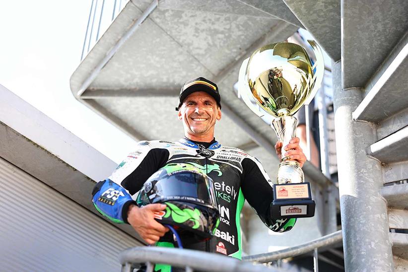 Jason O'Halloran with his first trophy as a Completely Motorbikes Kawasaki rider.