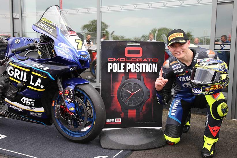 Ryan Vickers celebrates his pole position at Donington Park.