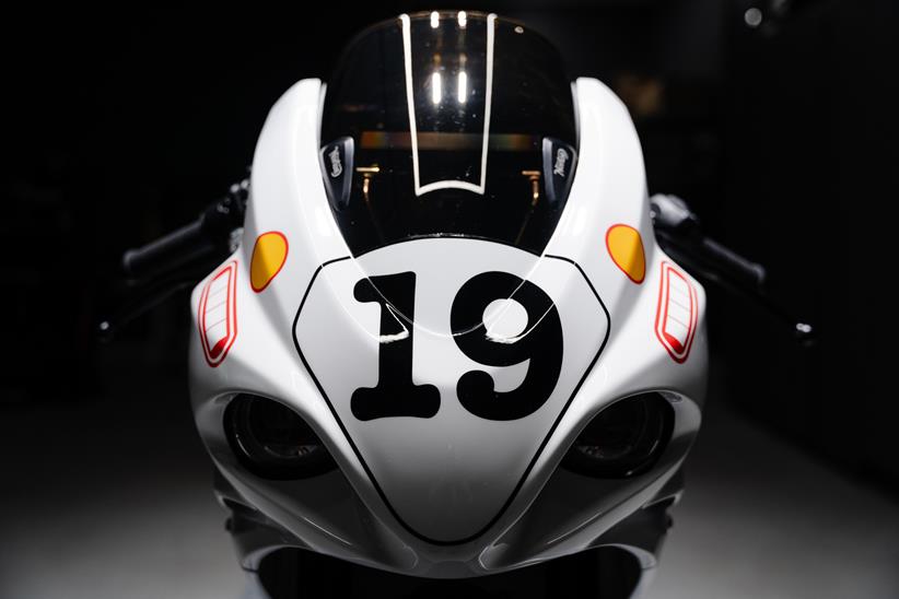 Norton V4 SV with custom white paint job with number 19 nose cone