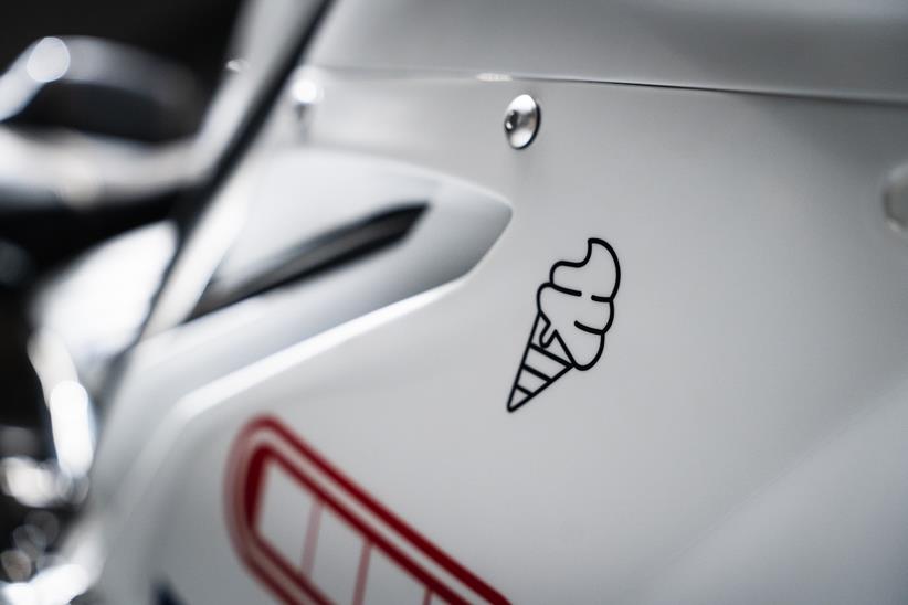 Ice cream logo on Norton V4 SV with custom white paint job