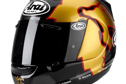 The Arai helmet features the names of the 1966 world cup-winning team