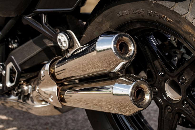 2024 BMW R12 detailed shot of the rear of the bike and its exhausts