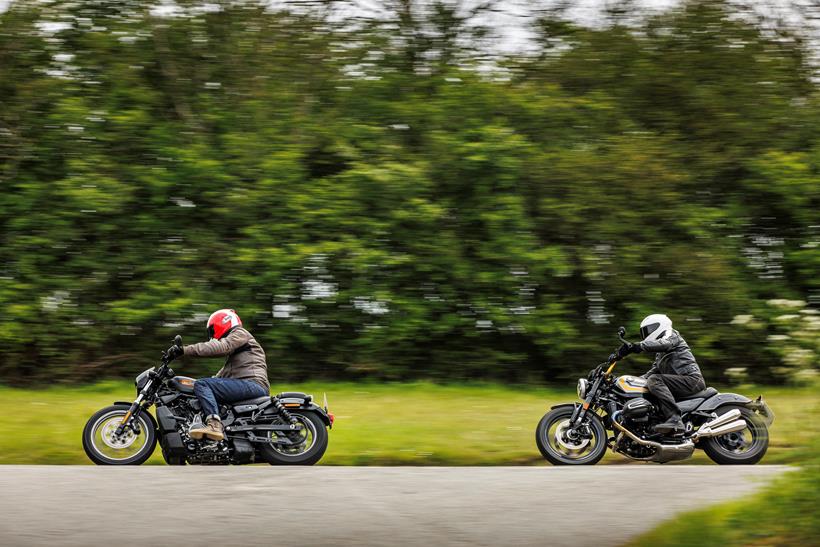 2024 BMW R12 and the Harley-Davidson Nightster Special riding round a corner following each other