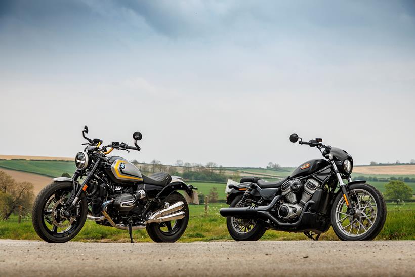 2024 BMW R12 and the Harley-Davidson Nightster Special stood parked facing away from each other