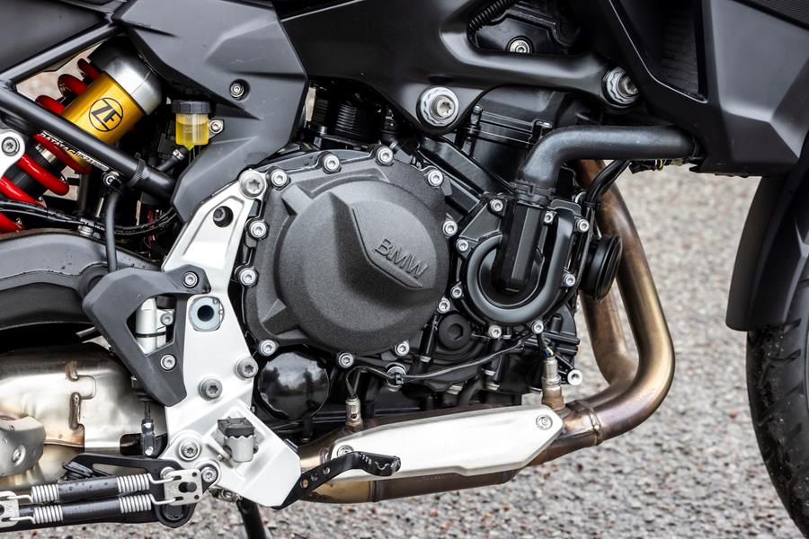 2024 BMW F800GS detailed side shot of the engine and exhaust