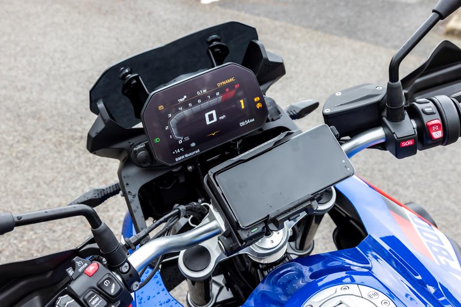 2024 BMW F800GS front cockpit view of dash and stock suspension