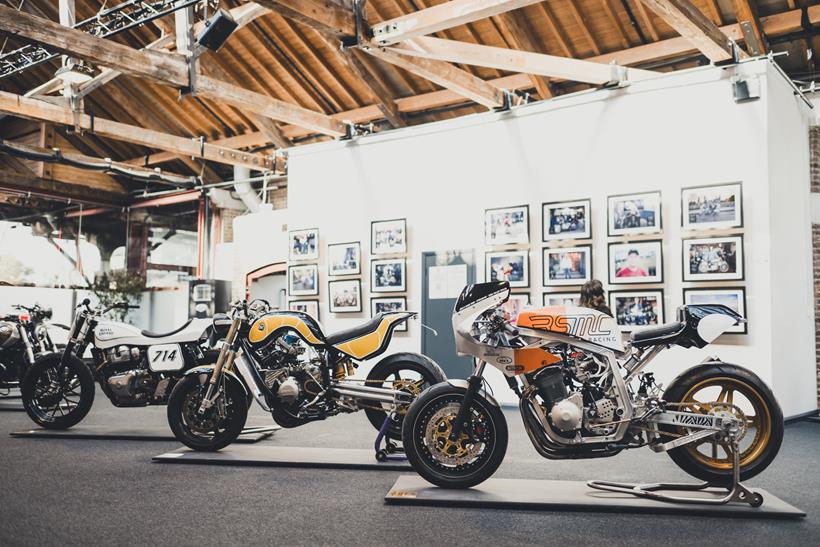 Custom motorcycles on display at the Bike Shed Moto Show