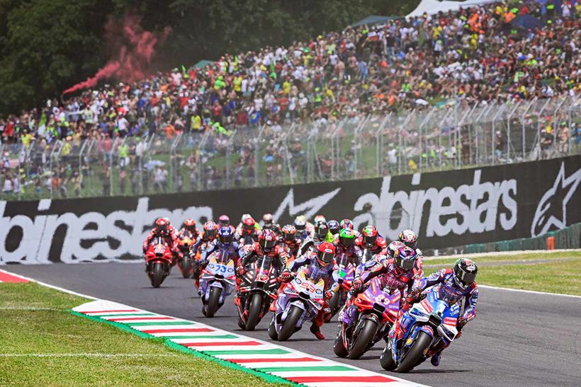 Pecco Bagnaia leads the pack on the opening lap at Mugello