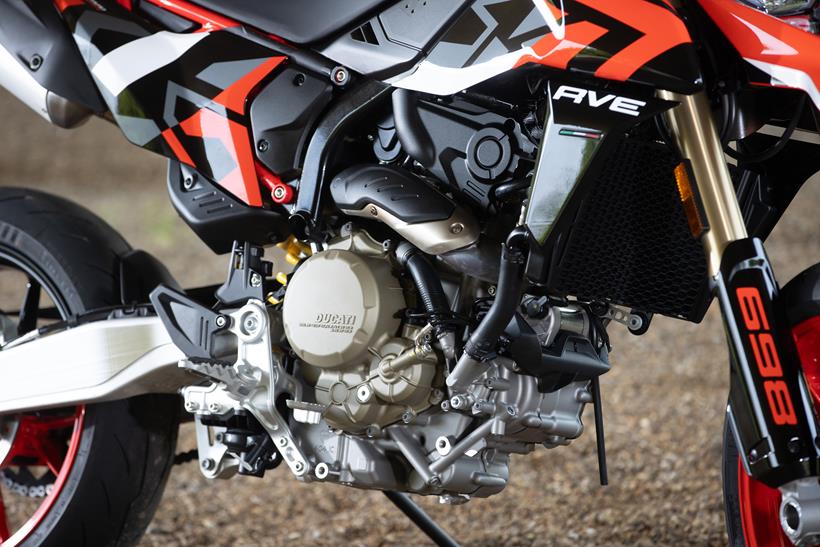 2024 Ducati Hypermotard 698 Mono RVE static shot  of the right hand engine side