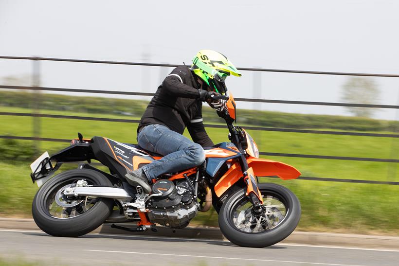 2024 KTM 690 SMC R cornering hard