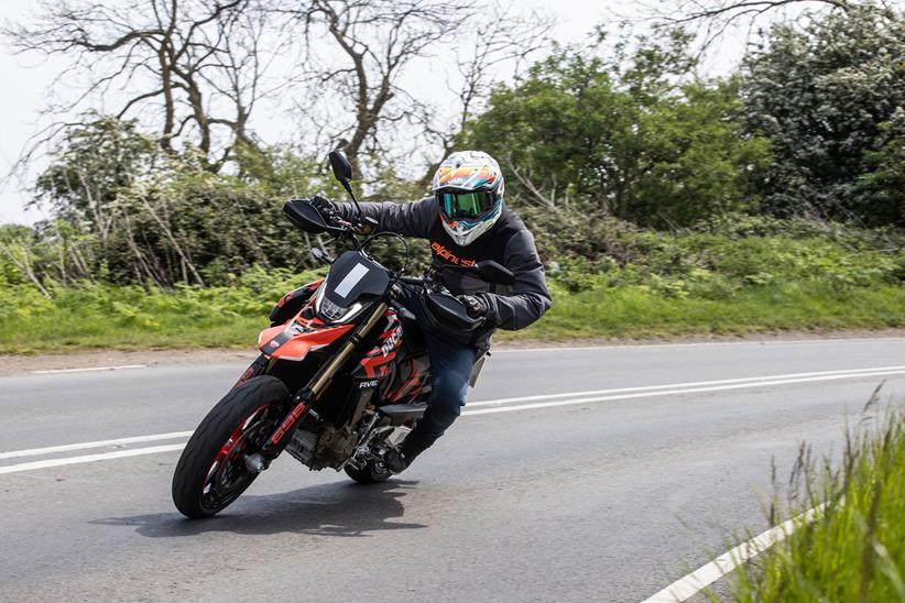 2024 Ducati Hypermotard 698 Mono RVE cornering towards the camera