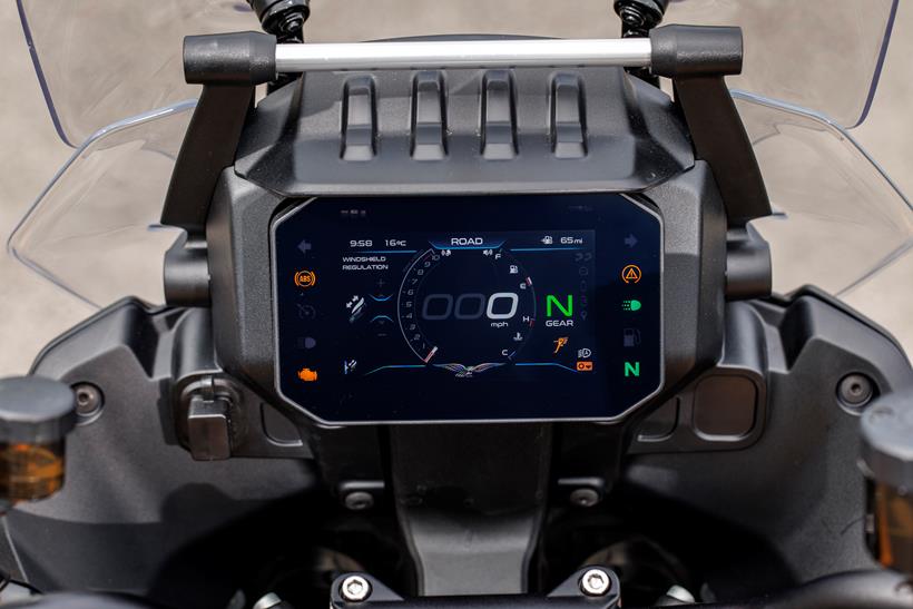 Detailed shot of the Moto Guzzi Stelvio's dash. 